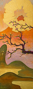 富士山画樱花金色的太阳幅画中村开花金色太阳富士山的油画背景