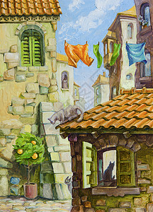房子的猫地中海古城的猫同的猫地中海古城的各个地方狭窄的街道的旧石头建筑,橙色瓷砖屋顶,内部后面的绿色百叶窗如果你喜欢,请背景