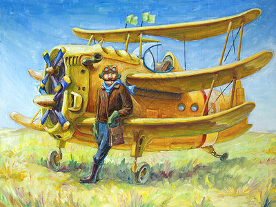 飞行员他的飞机飞行员的油画80x60厘米他那神奇的两架螺旋桨复古飞机勇敢的飞行员看着照相机背景图片