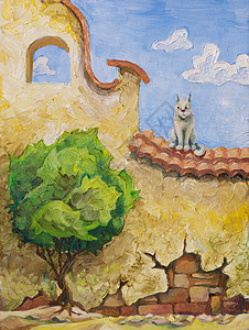 看着天空的猫猫树猫坐老黄墙上,看着那棵绿色的小树的油画,30x40厘米背景