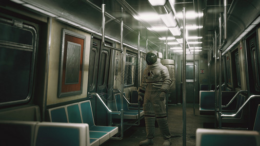 宇航员线宇航员美国旧的非现代化地铁车厢内背景