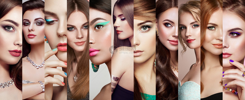 拼贴漂亮女人的脸美容化妆发型群模特女孩图片