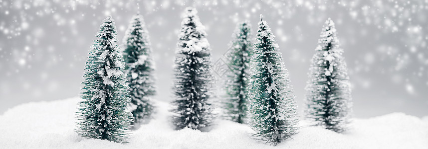 冬季仙境与小装饰冷杉树降雪,寒假降雪时的圣诞树图片