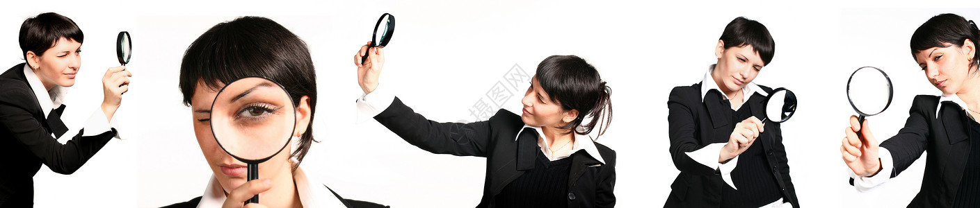商务女性手持放大镜,白色背景上隔离的图片着放大镜的女人图片
