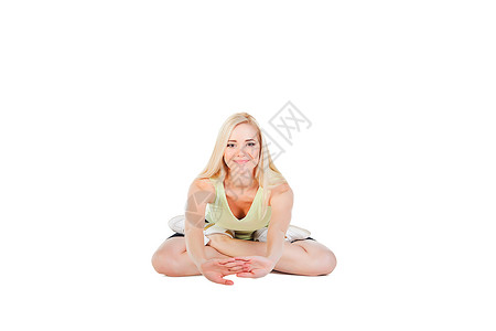 金发女孩白色背景下做瑜伽运动图片