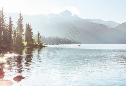 平静的景色山湖边,岩石平静的水中反射图片