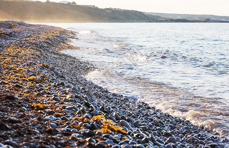 日出海滩上的鹅卵石图片