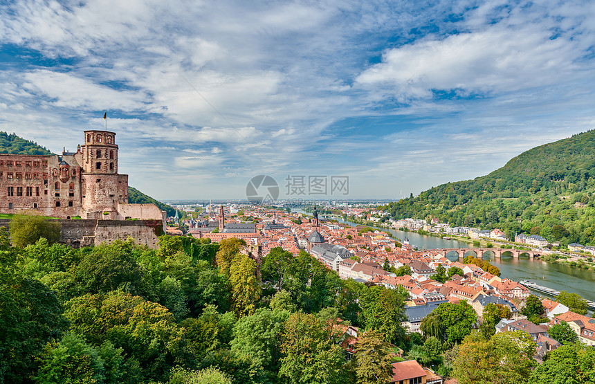 海德堡镇与旧卡尔西奥多桥城堡纳卡尔河巴登符腾堡,德国图片