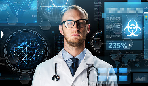 技术,医学大流行男医生穿白色外套,听诊器虚拟屏幕有听诊器虚拟投影的医生图片