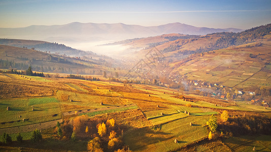 早上立了秋山上的农田美丽的秋山全景早上雾蒙蒙的乡村景象日出山间雾谷上乌克兰喀尔巴阡山脉背景