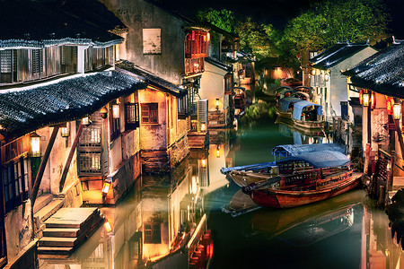 城市运河江苏周庄水乡夜景晚上照亮周庄水乡,江苏,中国背景