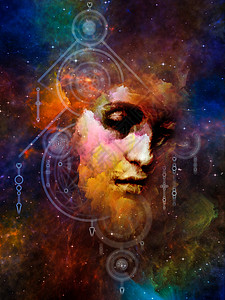 梦想的数学她的符号系列年轻女关于内自占星术神秘巫术魔法及其符号的抽象肖像画五彩的高清图片素材