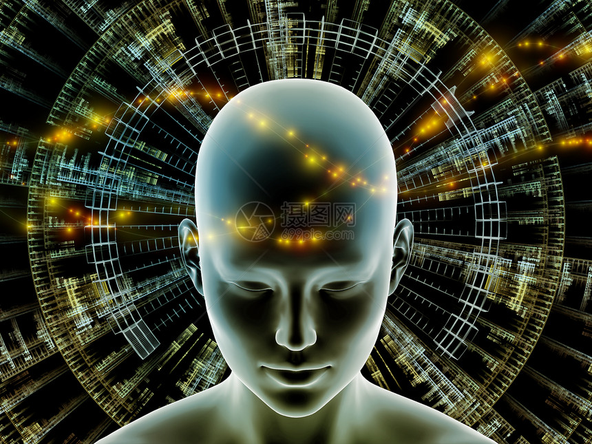三维插图心灵光环系列思维大脑活动人工智能精神资源内心世界等上辐射抽象元素的背景下绘制人脑图片