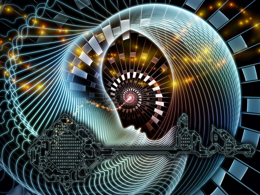 精神系列的螺旋人类的头部轮廓,数字钥匙抽象轨道结构的科学思维教育图片