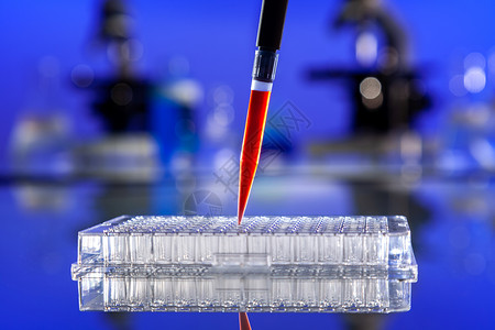 实验室血液测试或实验室测试样本的血液或红色溶液与吸管,Ninty六井细胞托盘显微镜背景图片