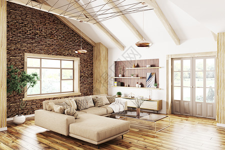现代室内的房子,客厅与米色沙发3D渲染图片