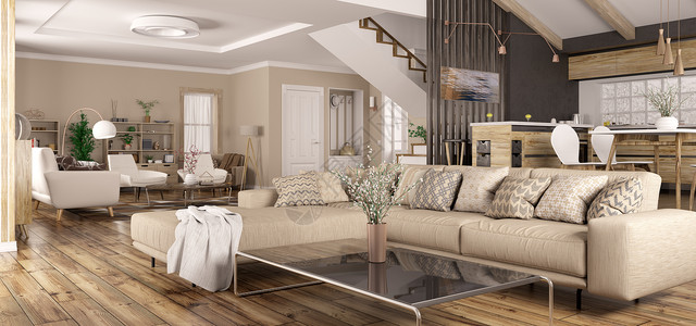 现代室内的房子,厨房,客厅与沙发,大厅,楼梯全景三维渲染图片