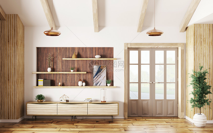 现代室内客厅与木制侧板门3D渲染图片
