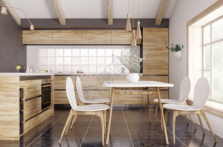 现代室内木制厨房与窗户,黄色白色桌椅三维渲染图片