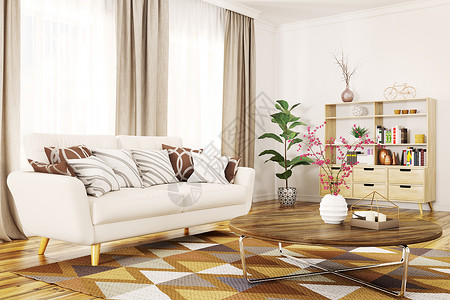 现代室内客厅与白色沙发茶几三维渲染图片