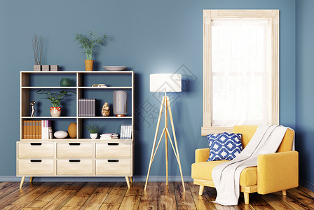 现代室内客厅与木制橱柜黄色扶手椅三维渲染图片
