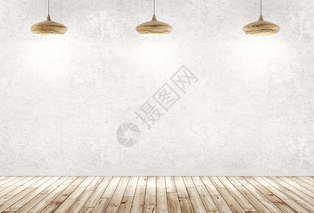 室内背景有三盏木灯混凝土墙上,木地板三维渲染图片