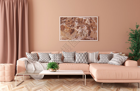 现代室内客厅与桃角沙发,茶几三维渲染图片