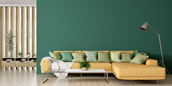 黄色枕头客厅的现代内部,黄色角落沙发,绿色墙壁落地灯3D渲染背景