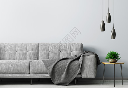 灰色墙背景现代室内客厅与灰色沙发木制茶几背景
