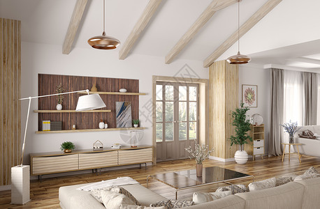 现代室内的房子,大厅,客厅与沙发3D渲染图片
