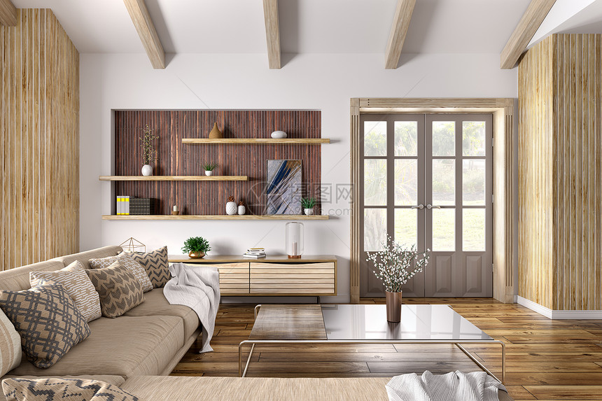 现代室内的房子,客厅米色沙发,门三维渲染图片