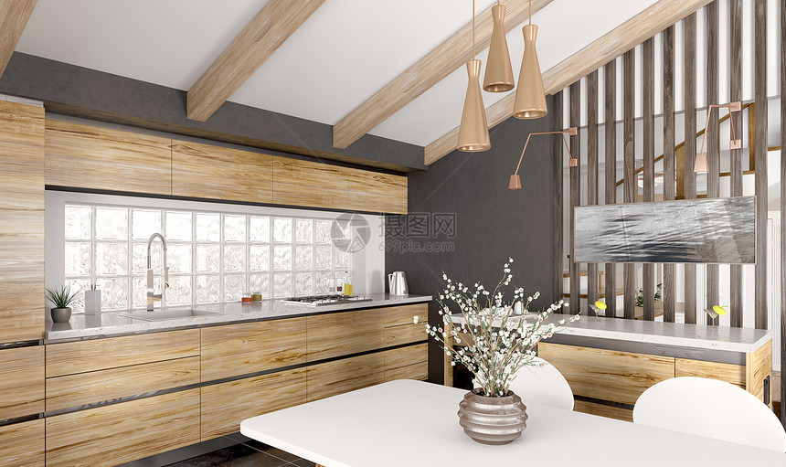 现代室内木制厨房与窗户白色桌椅三维渲染图片