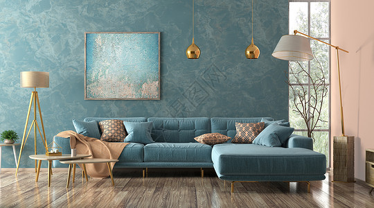 现代室内客厅蓝色角落沙发,茶几,落地灯3D渲染图片