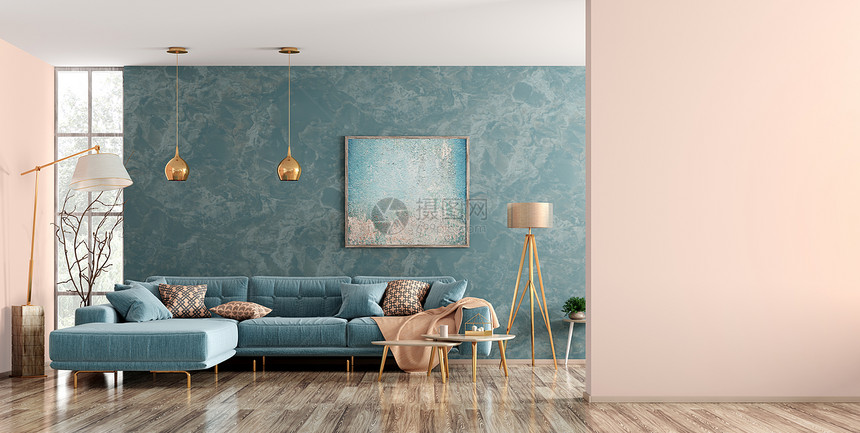 现代客厅内部有蓝色角落沙发,茶几,落地灯,墙壁与三维渲染图片