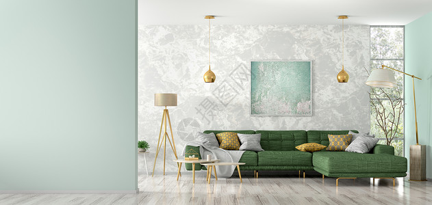 现代化的客厅内部有绿色角落沙发茶几落地灯图片