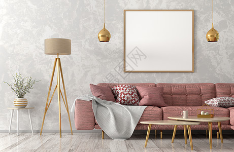 客厅内部有粉红色沙发木制茶几落地灯海报3D渲染图片