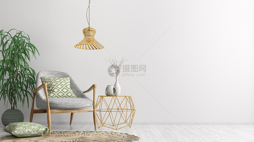 客厅内部有金色茶几,灰色扶手椅,家庭三维渲染图片
