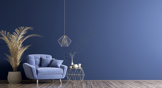 客厅内部配有茶几蓝色扶手椅,家庭3D渲染图片