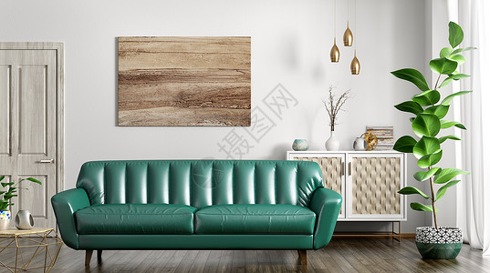 现代室内客厅与皮革沙发,门橱柜,家庭三维渲染图片