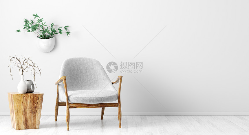 客厅内部背景与木制茶几,灰色扶手椅与白色墙壁与三维渲染图片