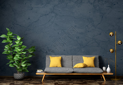 现代室内客厅灰色沙发,家庭植物落地灯蓝色灰泥墙三维渲染图片