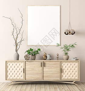 家具手机端模板现代室内客厅与木制梳妆台模拟海报3D渲染背景