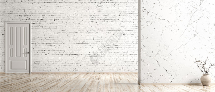 空房间内部背景,白色砖墙,花瓶与树枝硬木地板门,全景三维渲染背景图片
