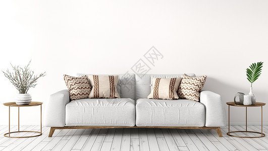 现代室内的客厅与白色沙发,茶几白墙三维渲染图片