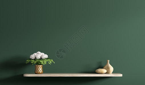 白色架子米色木架,白色玫瑰花束深绿色的墙壁上,家居装饰,内部背景3D渲染背景