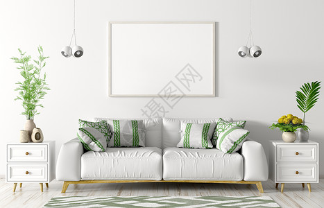 现代室内客厅与白色沙发,胸部,海报灯光白色墙壁3D渲染图片