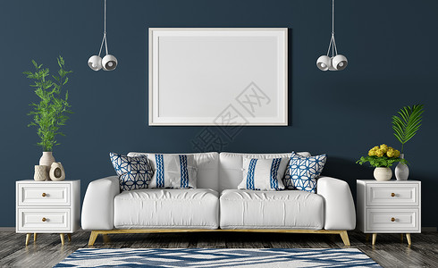 地毯海报现代室内客厅与白色沙发,胸部,海报灯光蓝色墙壁3D渲染背景