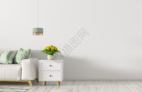 现代室内客厅与白色沙发,橱柜光白墙与三维渲染图片