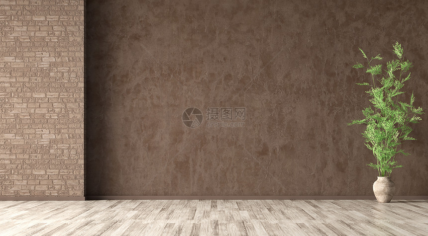 空房间内部背景,棕色灰泥墙,花瓶与树枝上的米色拼花地板3D渲染图片