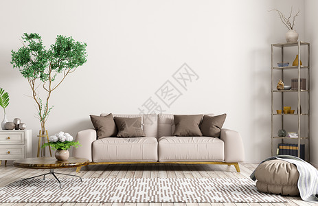 现代室内公寓,客厅米色沙发,茶几,地毯架子3D渲染图片
